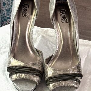 Carlos Santana Zapato Silver Metallic with Black Detail Peep-Toe Heels size 8.5